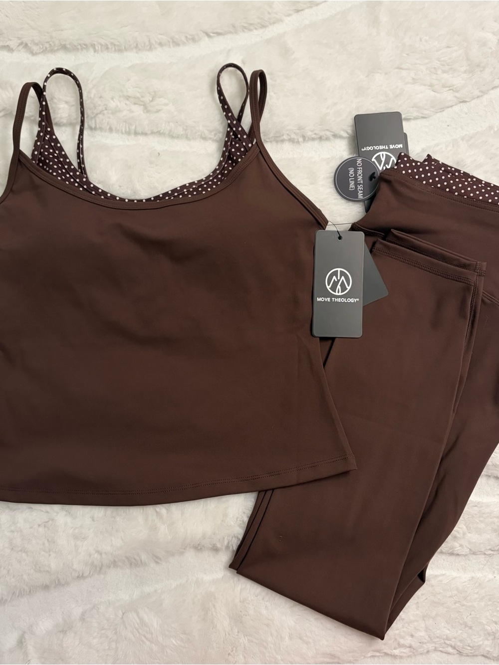 Move Theology Women's Brown Double Layered Polka Dot Tank & Legging Workout Set